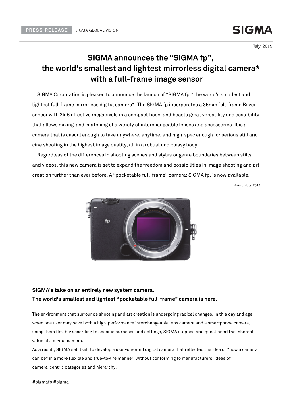 SIGMA Announces the “SIGMA Fp”, the World's Smallest and Lightest Mirrorless Digital Camera* with a Full-Frame Image Sensor