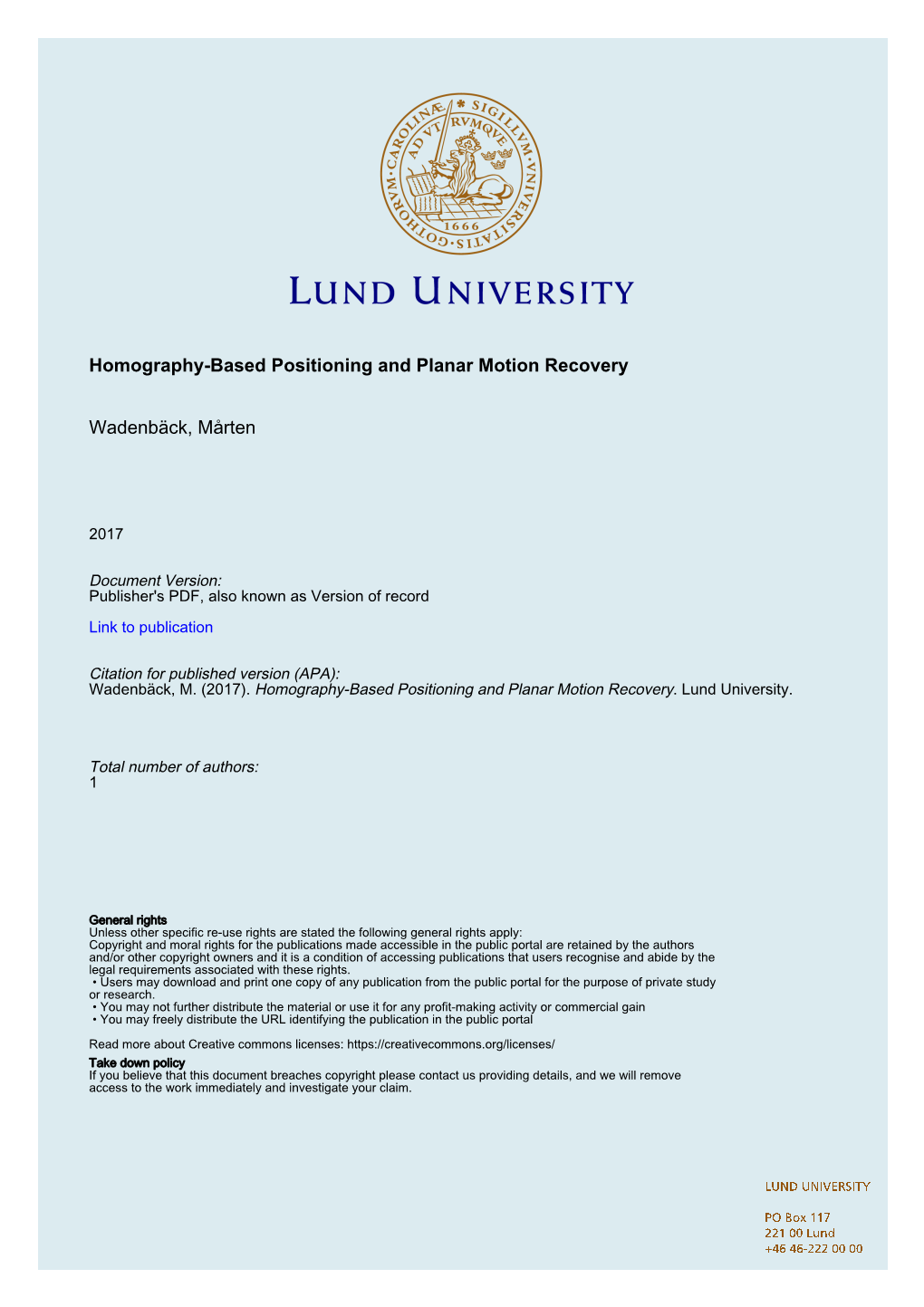 Homography-Based Positioning and Planar Motion Recovery