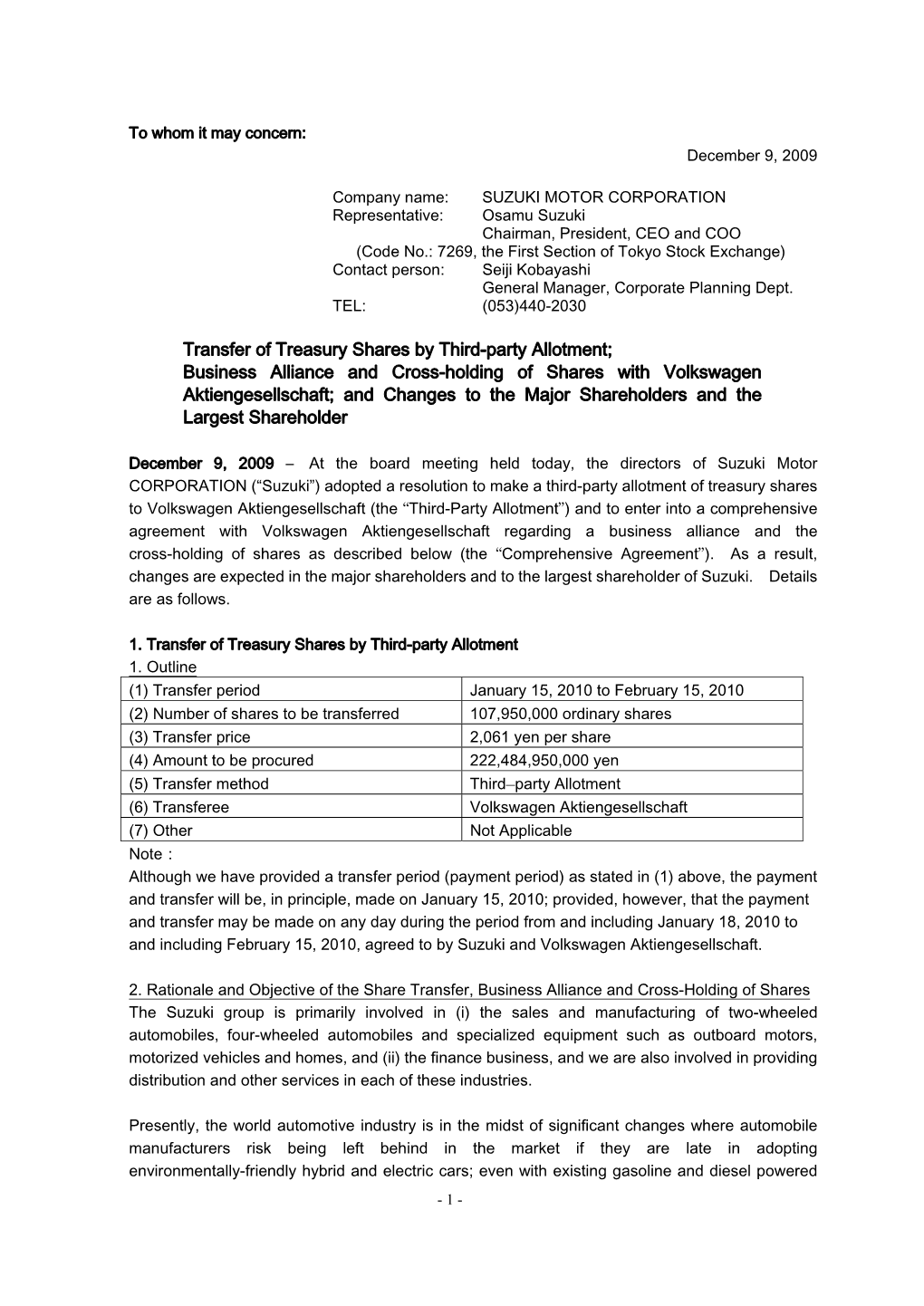 Business Alliance and Cross-Holding of Shares with Volkswagen Aktiengesellschaft; and Changes to the Major Shareholders and the Largest Shareholder