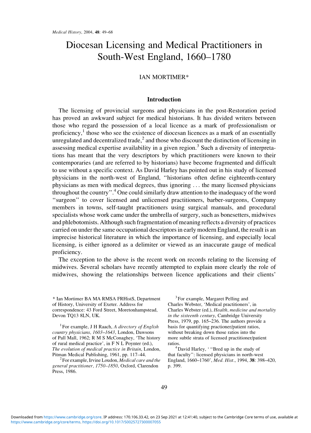 Diocesan Licensing and Medical Practitioners in South-West England, 1660±1780