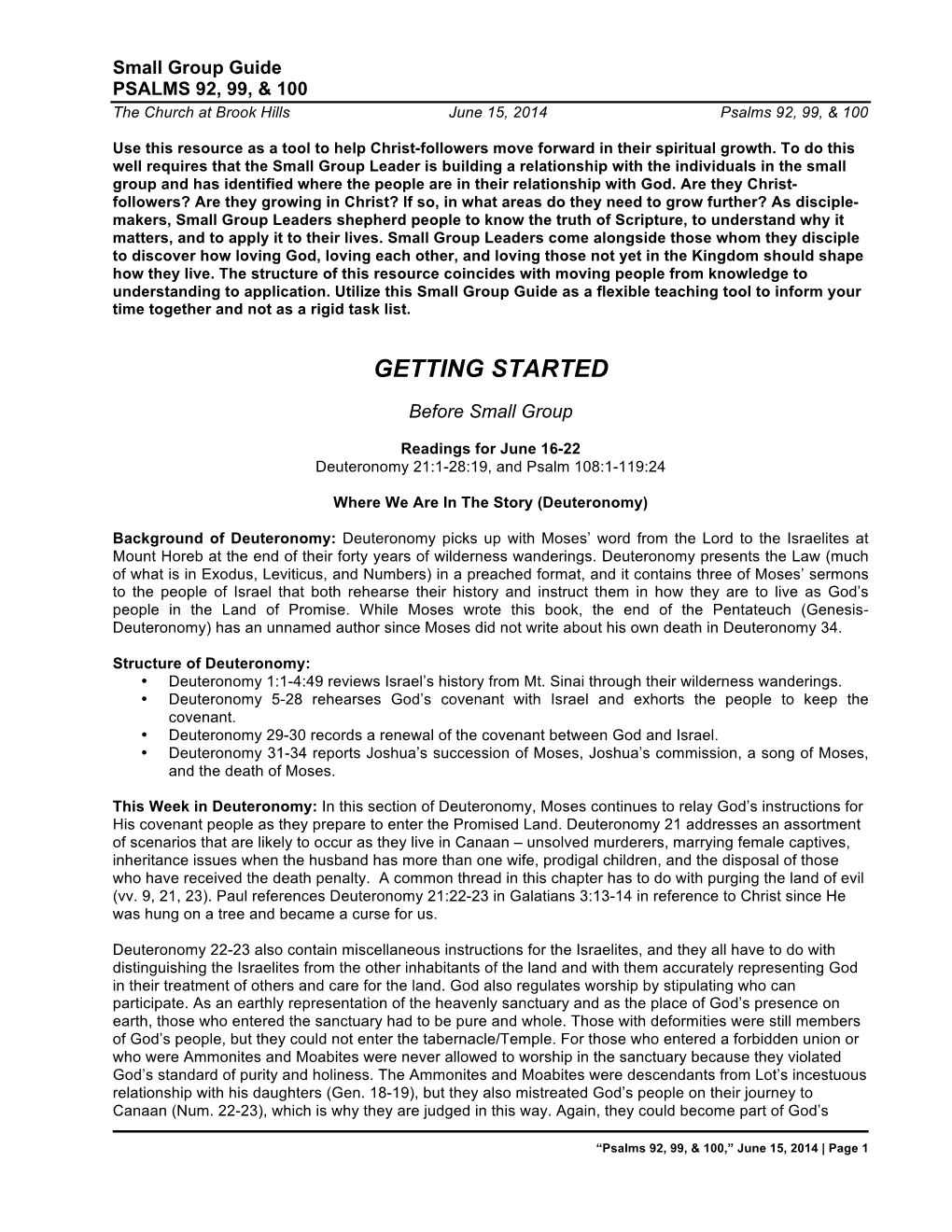 Small Group Guide PSALMS 92, 99, & 100 the Church at Brook Hills June 15, 2014 Psalms 92, 99, & 100