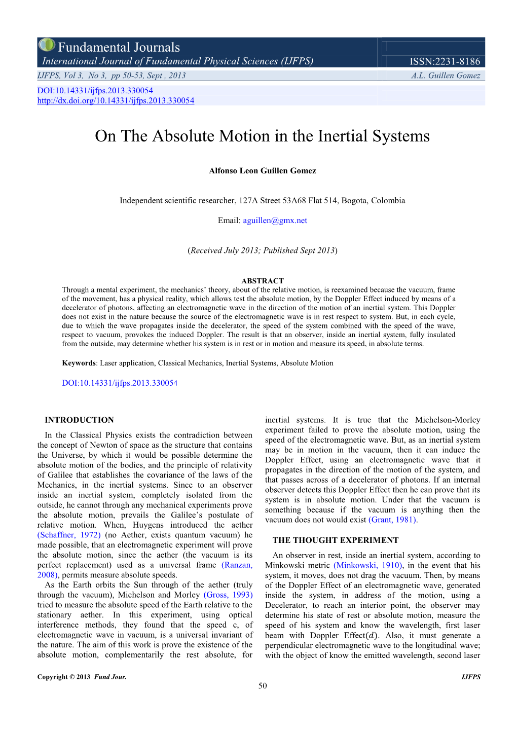 On the Absolute Motion in the Inertial Systems