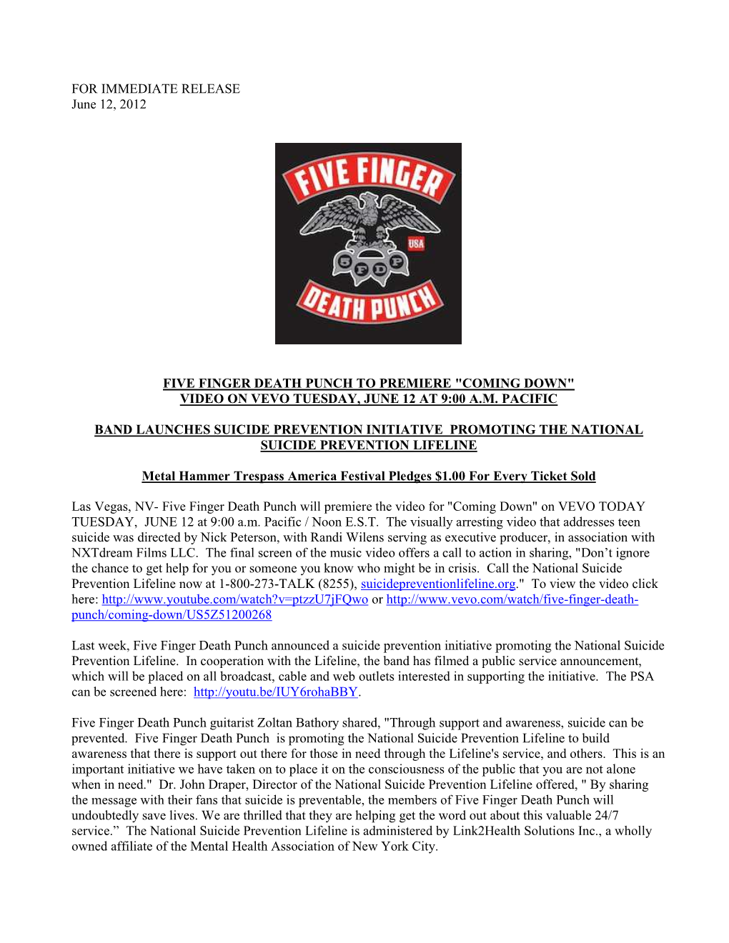 FOR IMMEDIATE RELEASE June 12, 2012 FIVE