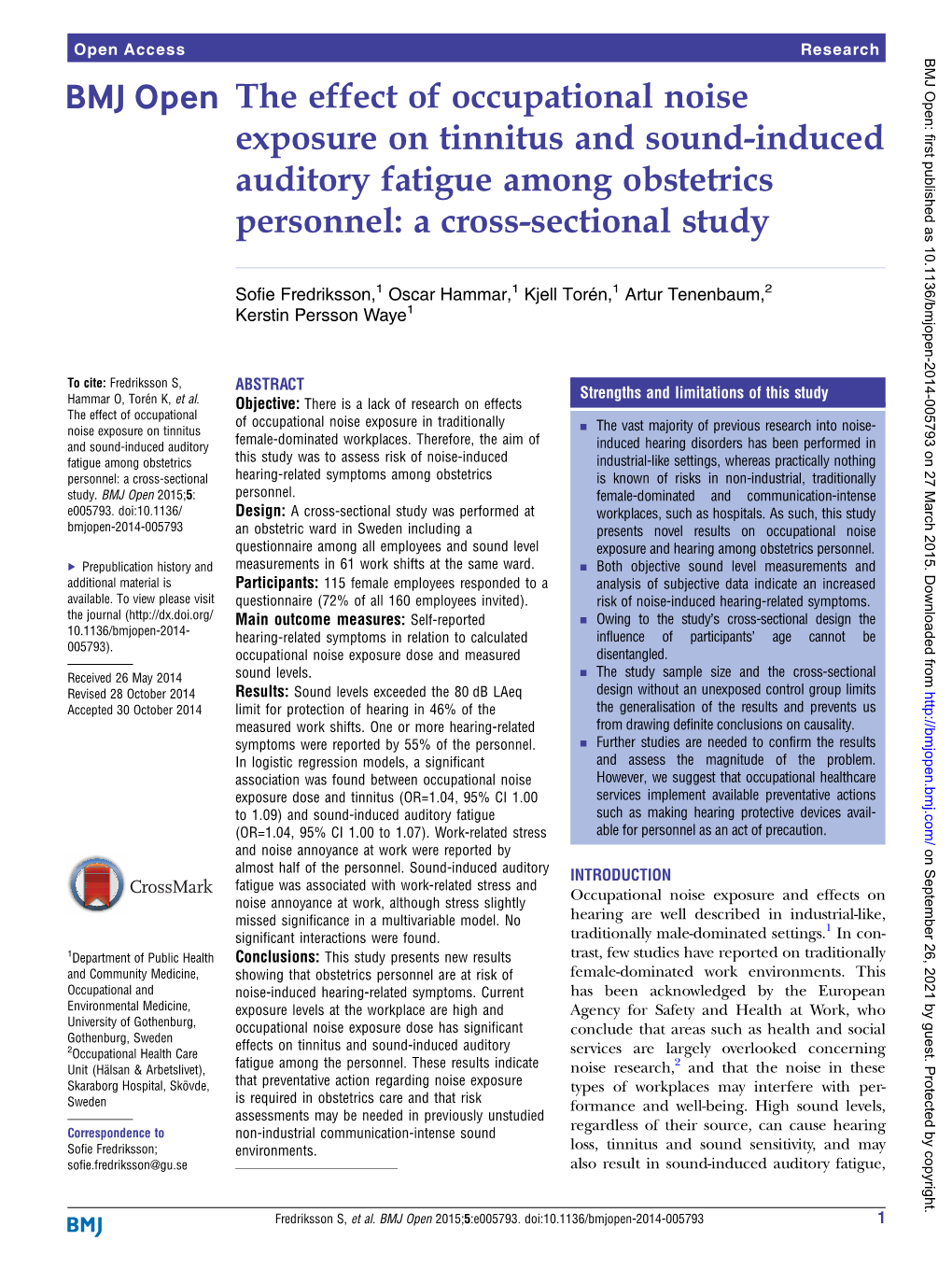 The Effect of Occupational Noise Exposure on Tinnitus and Sound-Induced Auditory Fatigue Among Obstetrics Personnel: a Cross-Sectional Study