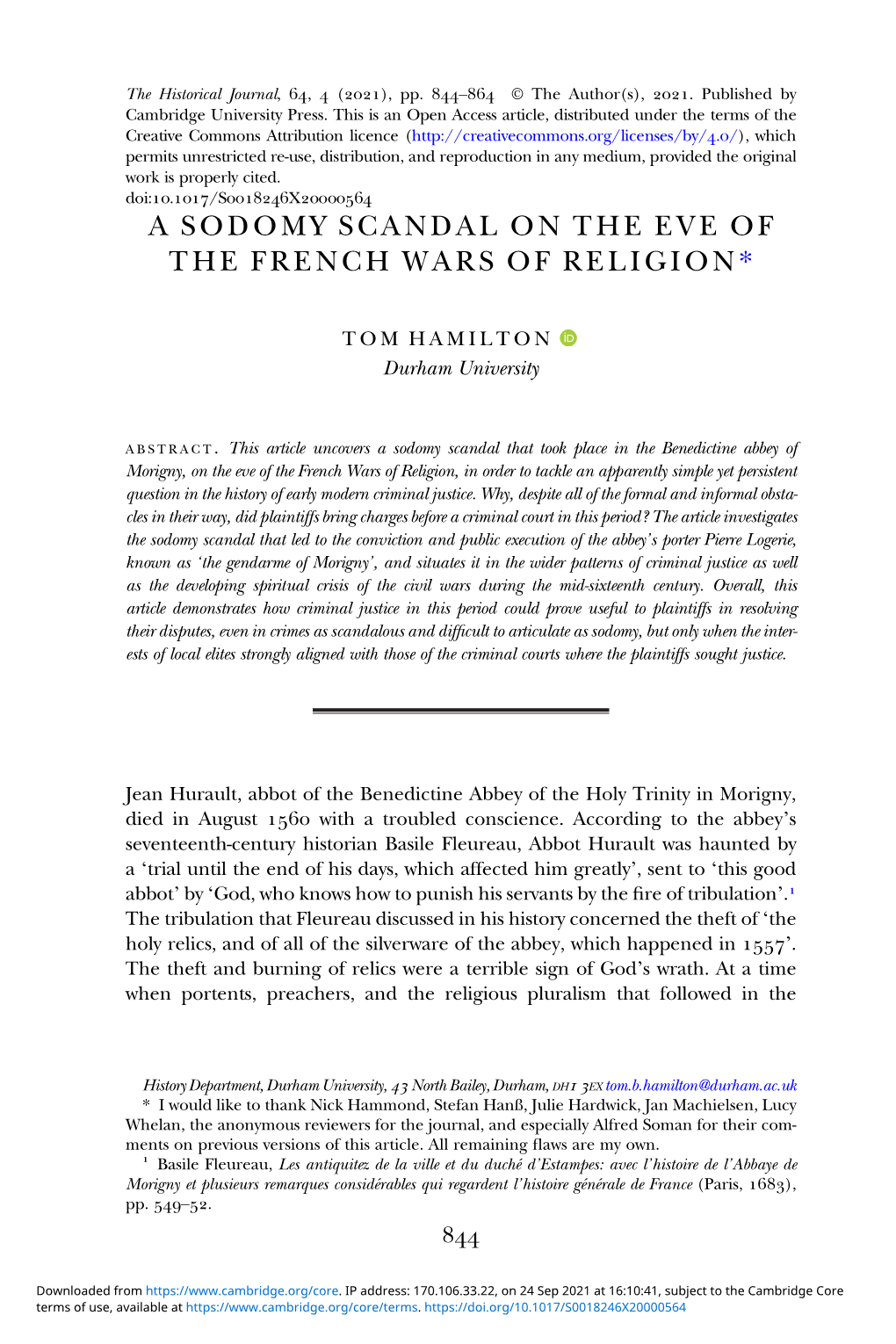 A Sodomy Scandal on the Eve of the French Wars of Religion*
