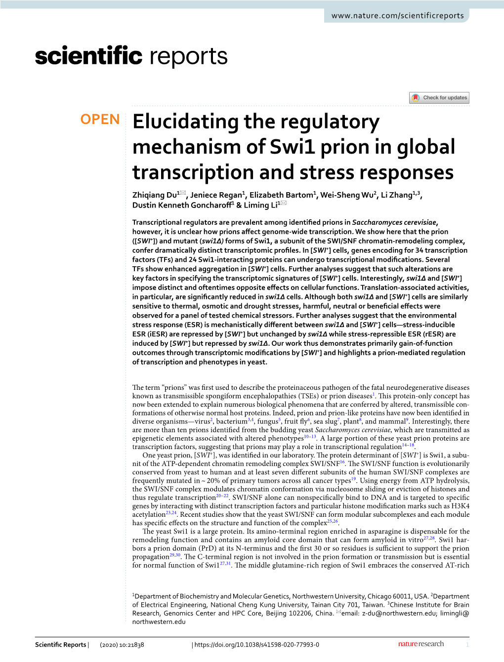 Elucidating the Regulatory Mechanism of Swi1 Prion in Global Transcription