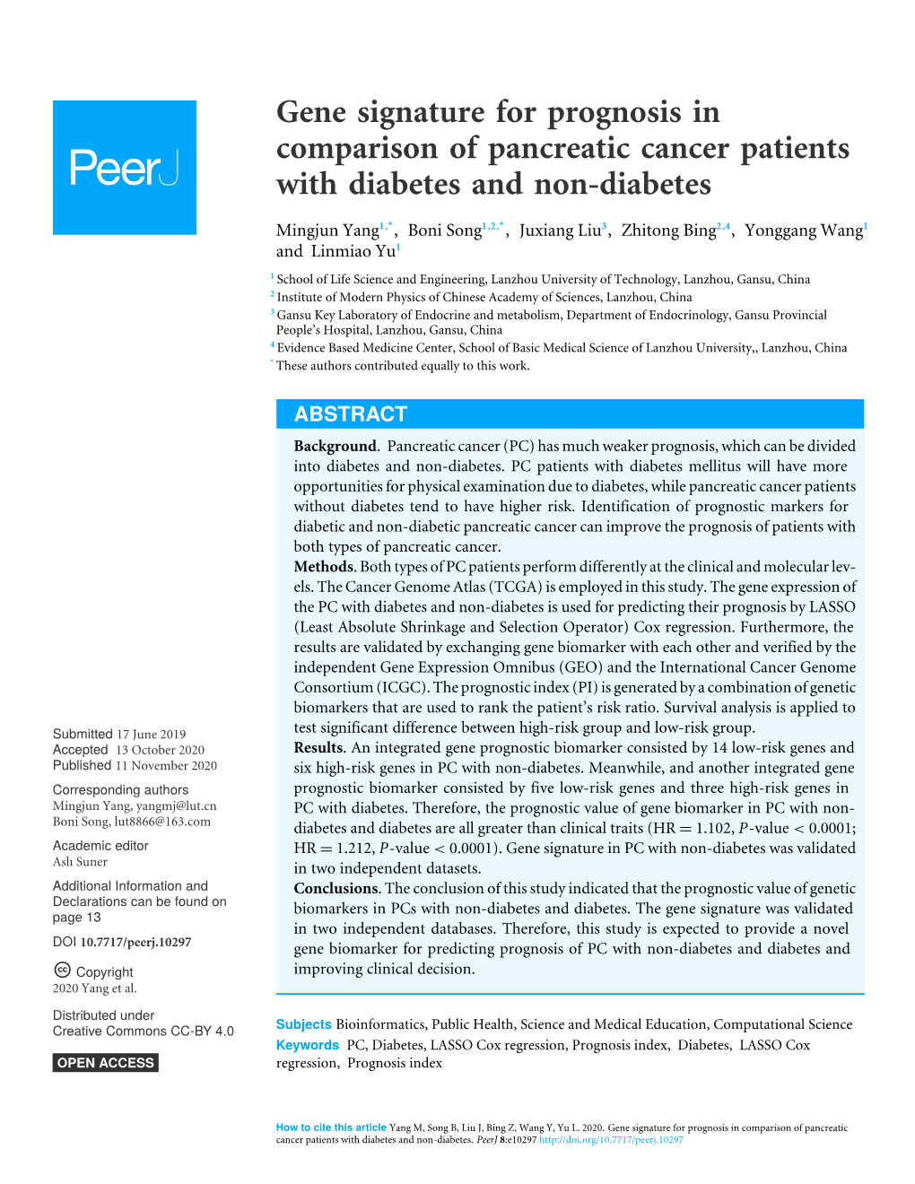 Gene Signature for Prognosis in Comparison of Pancreatic Cancer Patients with Diabetes and Non-Diabetes