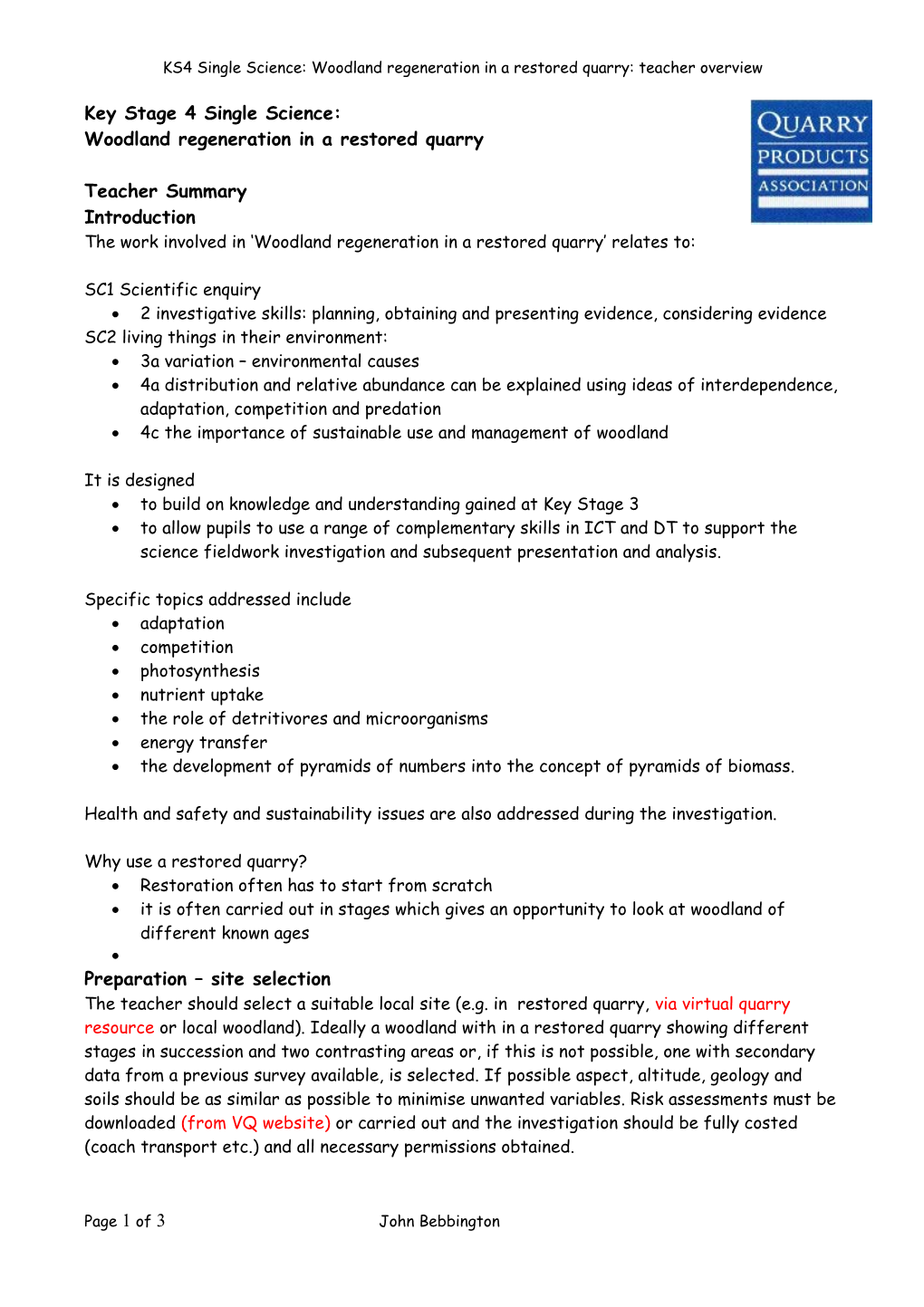 KS4 Single Science: Woodland Regeneration in a Restored Quarry: Teacher Overview