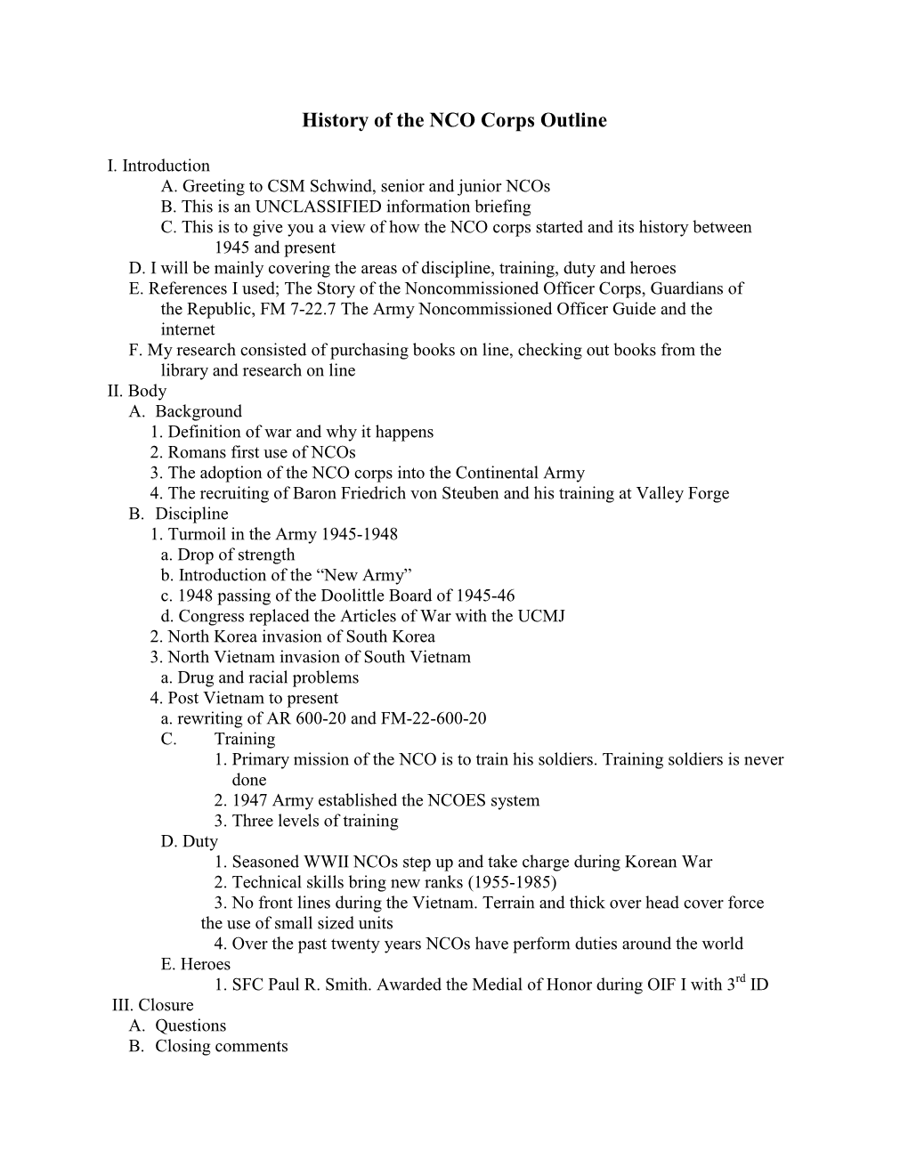 History of the NCO Corps Outline