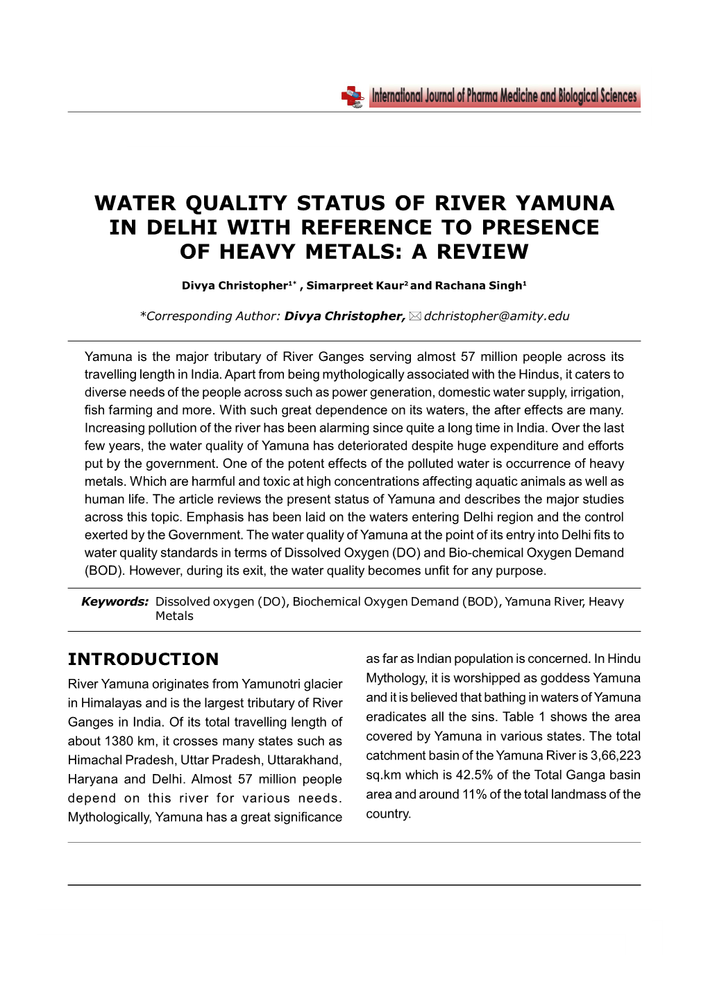 Water Quality Status of River Yamuna in Delhi with Reference to Presence of Heavy Metals: a Review