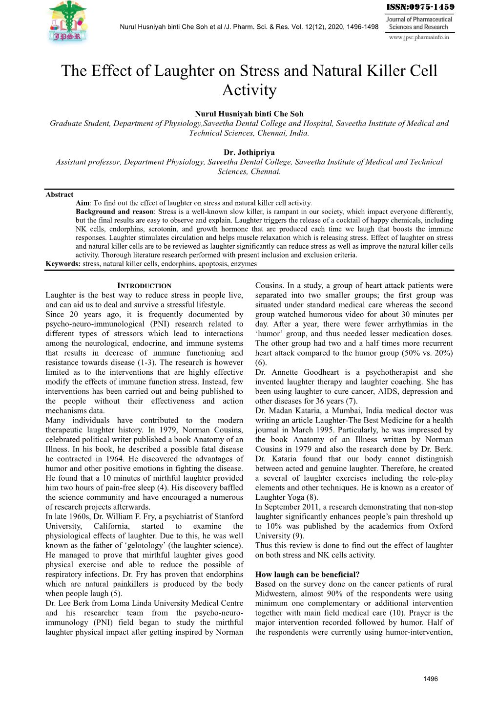 The Effect of Laughter on Stress and Natural Killer Cell Activity