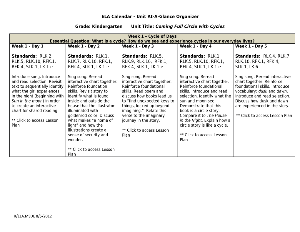 ELA Unit At-A-Glance Organizer