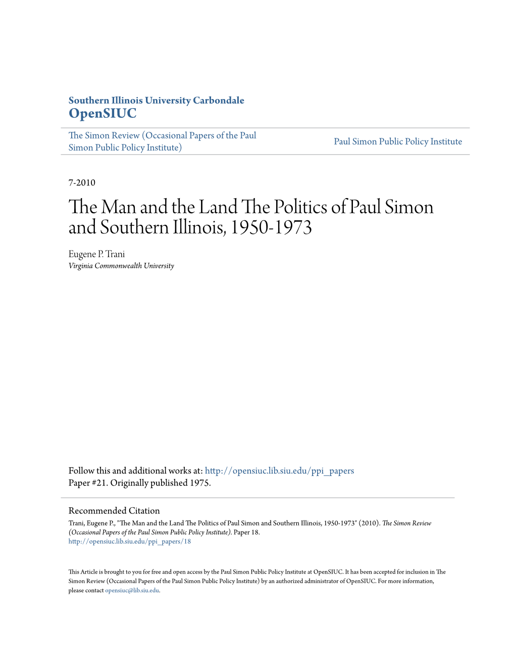 The Man and the Land the Politics of Paul Simon and Southern Illinois, 1950-1973