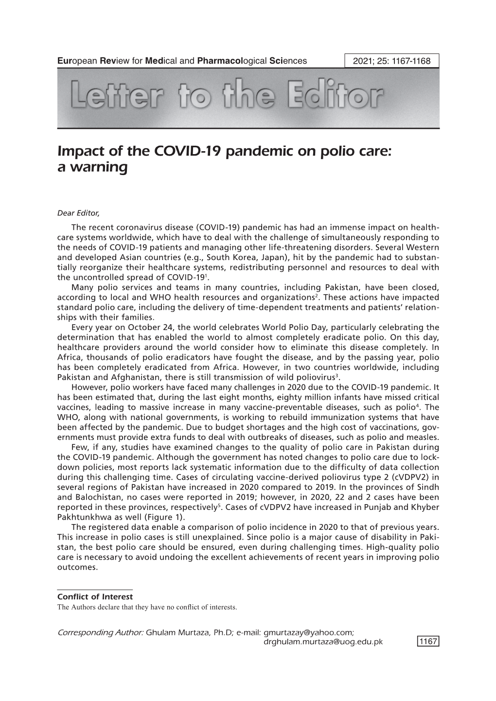 Impact of the COVID-19 Pandemic on Polio Care: a Warning