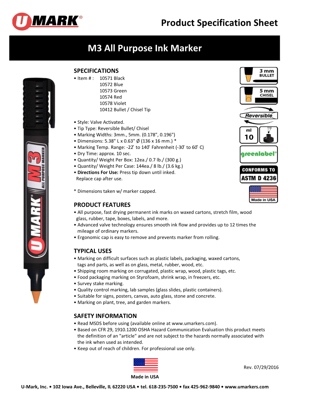 Product Specification Sheet M3 All Purpose Ink Marker