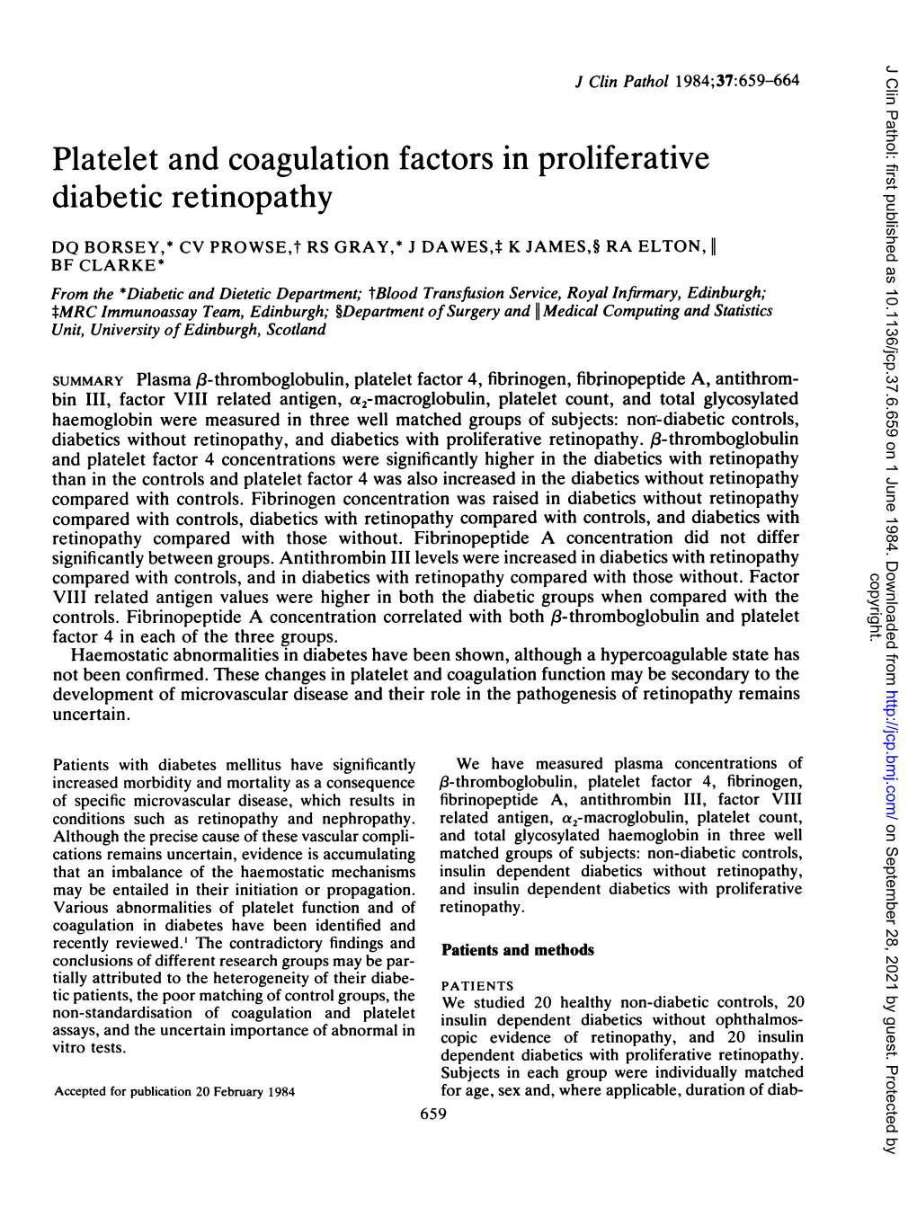 Platelet and Coagulation Factors in Proliferative Diabetic Retinopathy