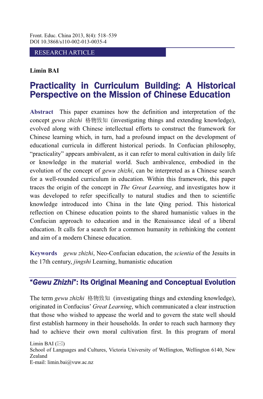 Practicality in Curriculum Building: a Historical Perspective on the Mission of Chinese Education