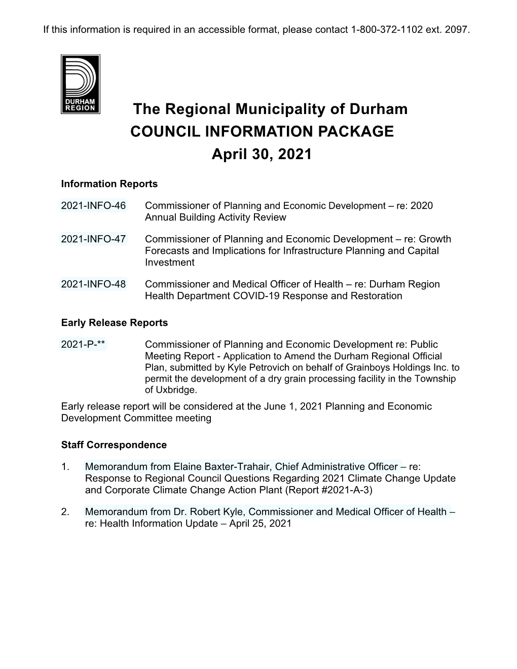 Council Information Package, April 30, 2021