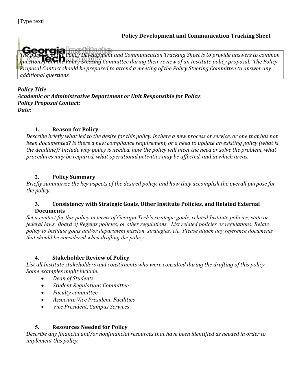 Policy Development and Communication Tracking Sheet