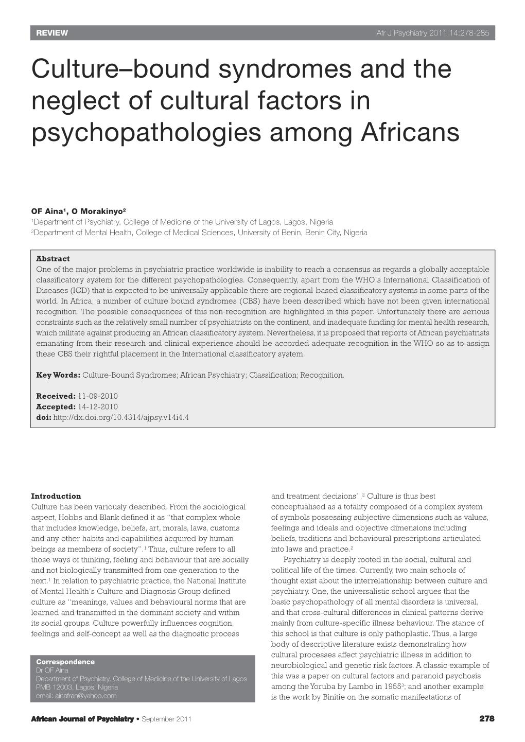 Culture–Bound Syndromes and the Neglect of Cultural Factors in Psychopathologies Among Africans