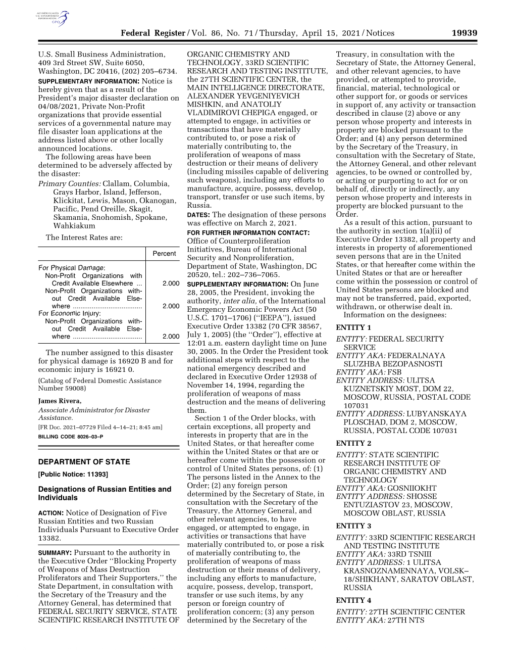 Federal Register/Vol. 86, No. 71/Thursday, April 15, 2021/Notices