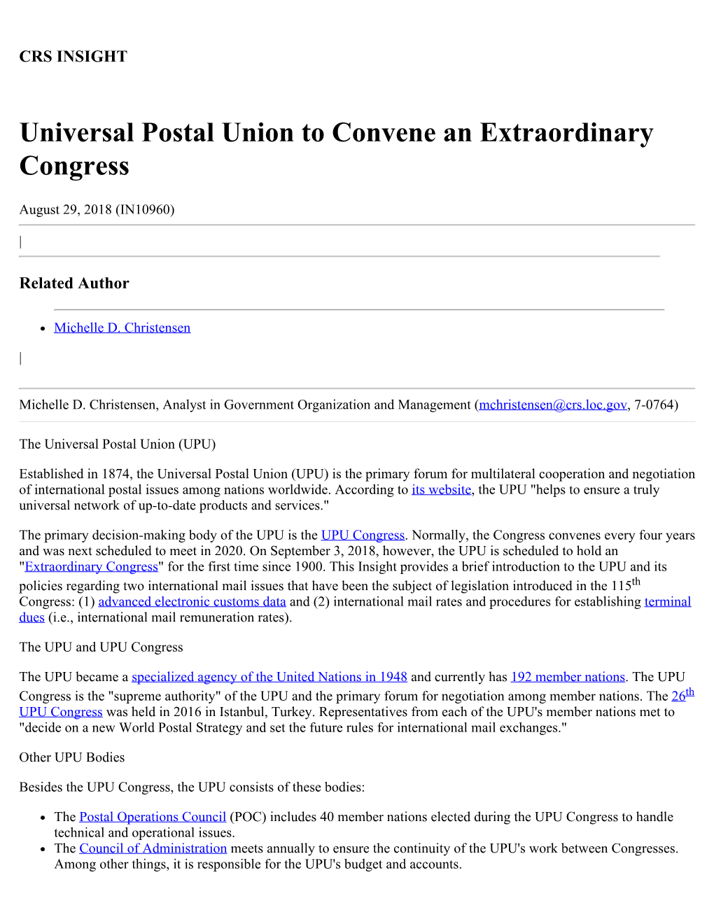 Universal Postal Union to Convene an Extraordinary Congress