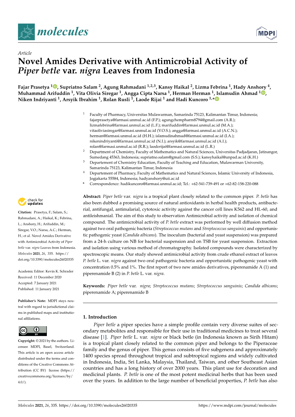 Novel Amides Derivative with Antimicrobial Activity of Piper Betle Var. Nigra Leaves from Indonesia