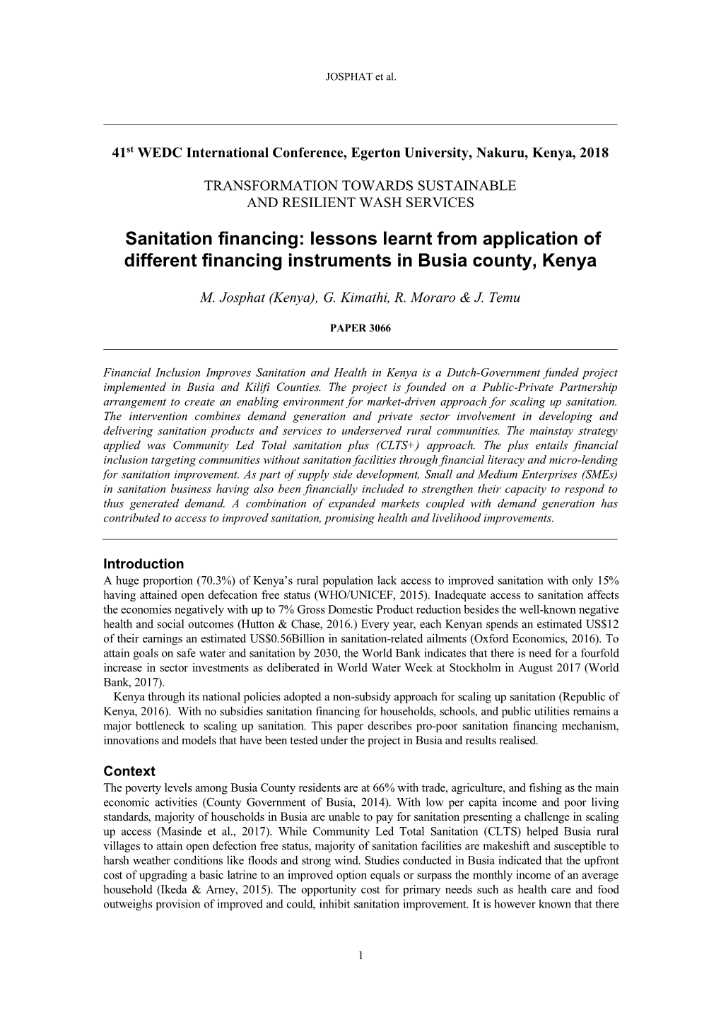 Sanitation Financing: Lessons Learnt from Application of Different Financing Instruments in Busia County, Kenya