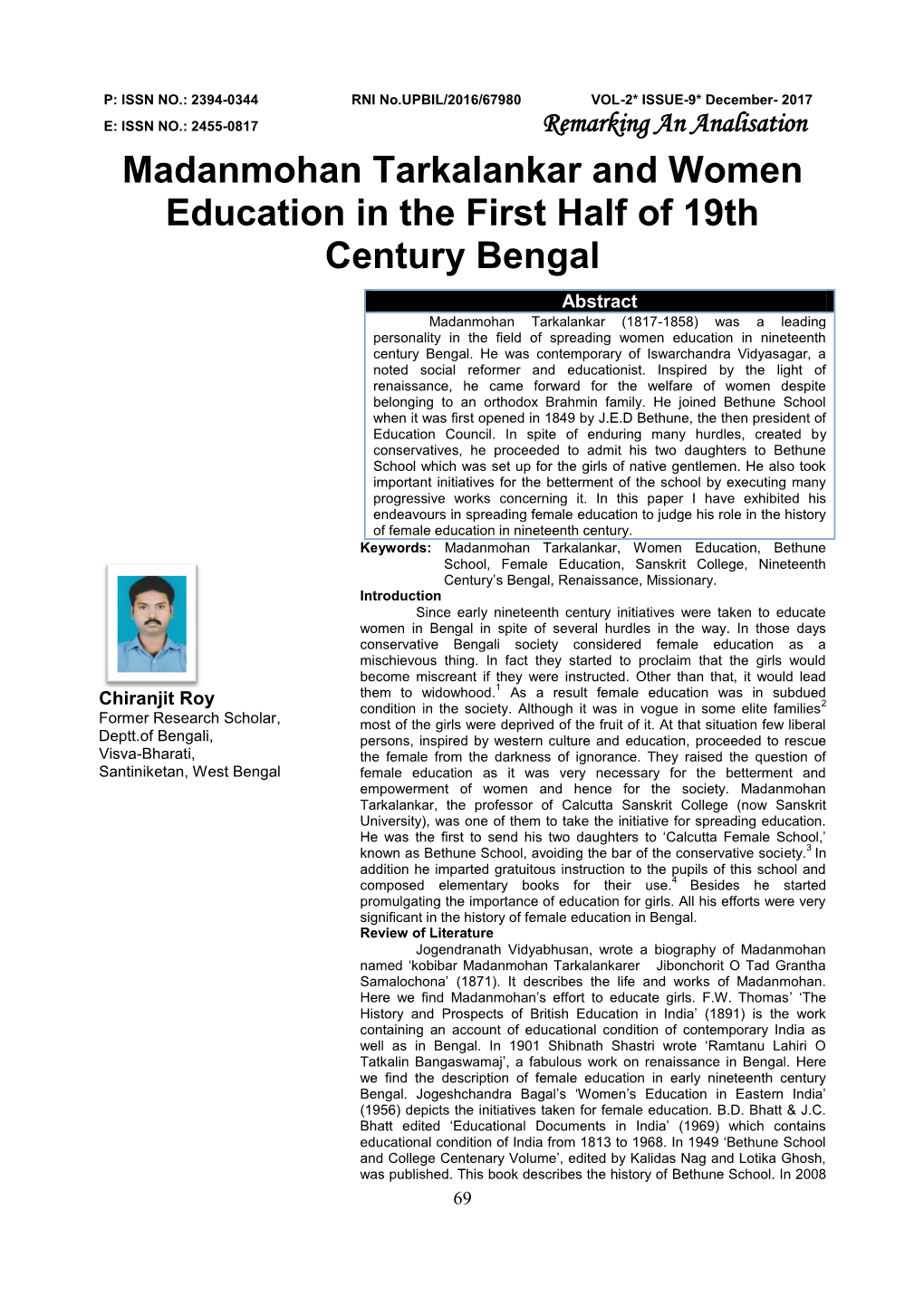 Madanmohan Tarkalankar and Women Education in the First Half