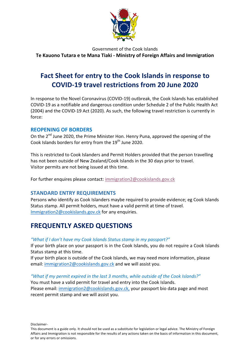 Fact Sheet for Entry to the Cook Islands in Response to COVID-19 Travel Restrictions from 20 June 2020