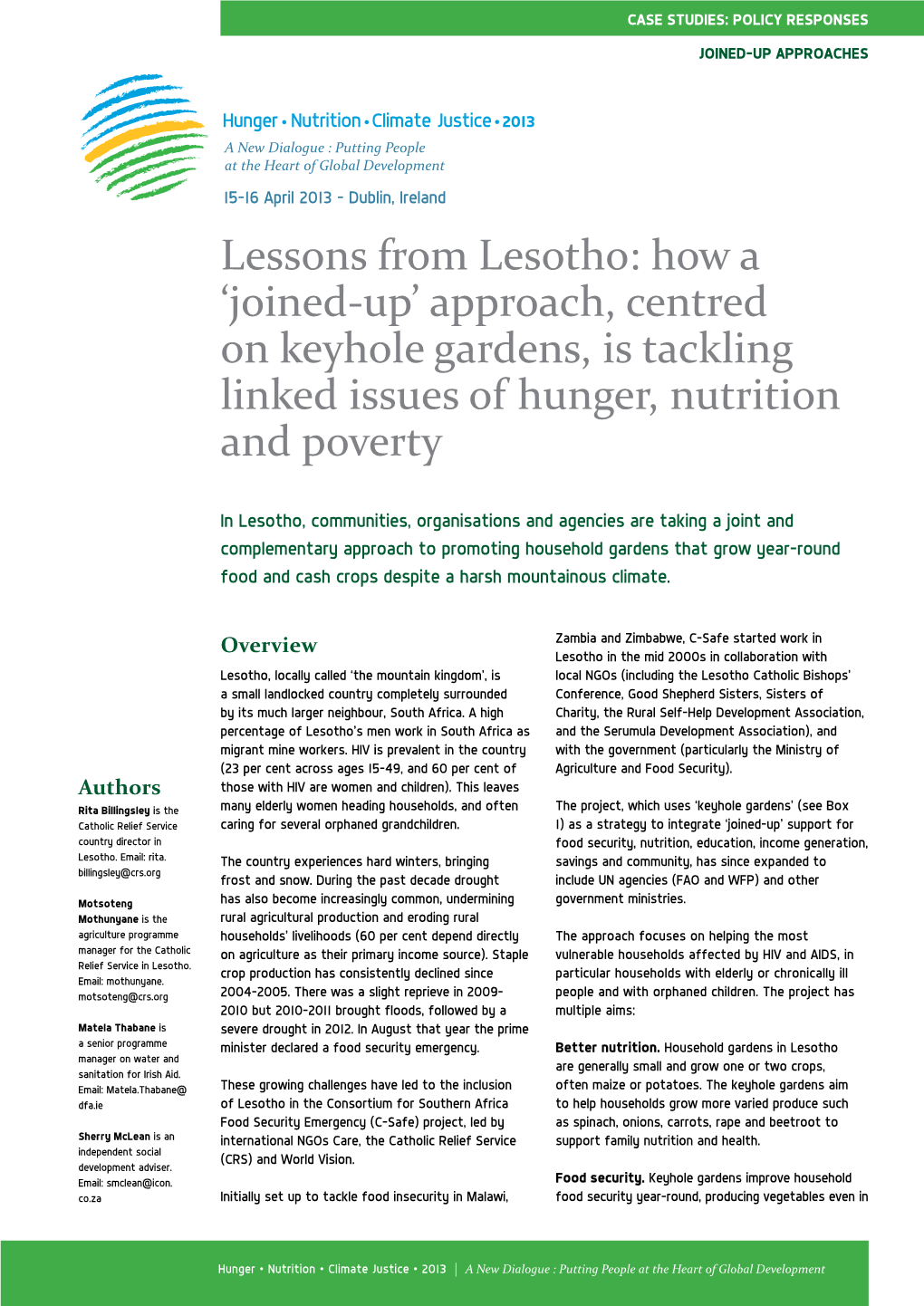 Lessons from Lesotho: How a 'Joined-Up' Approach, Centred on Keyhole Gardens, Is Tackling Linked Issues of Hunger, Nutrition