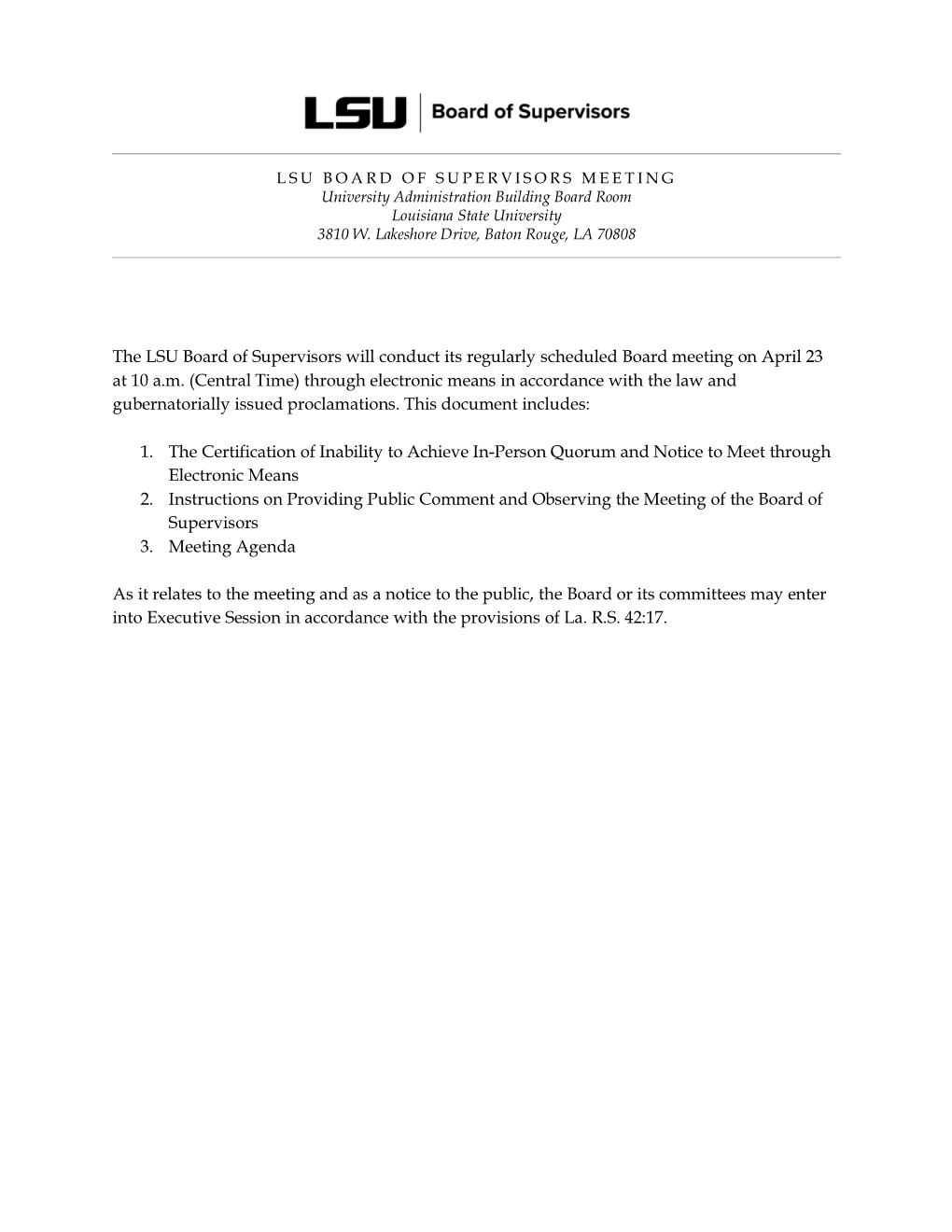 LSU Board of Supervisors Meeting Agenda