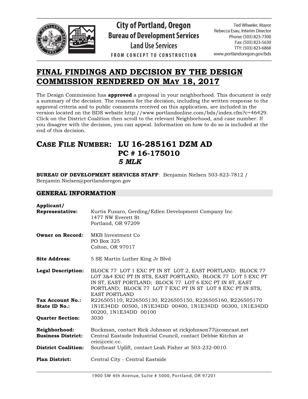 Final Findings and Decision by the Design Commission Rendered on May 18, 2017