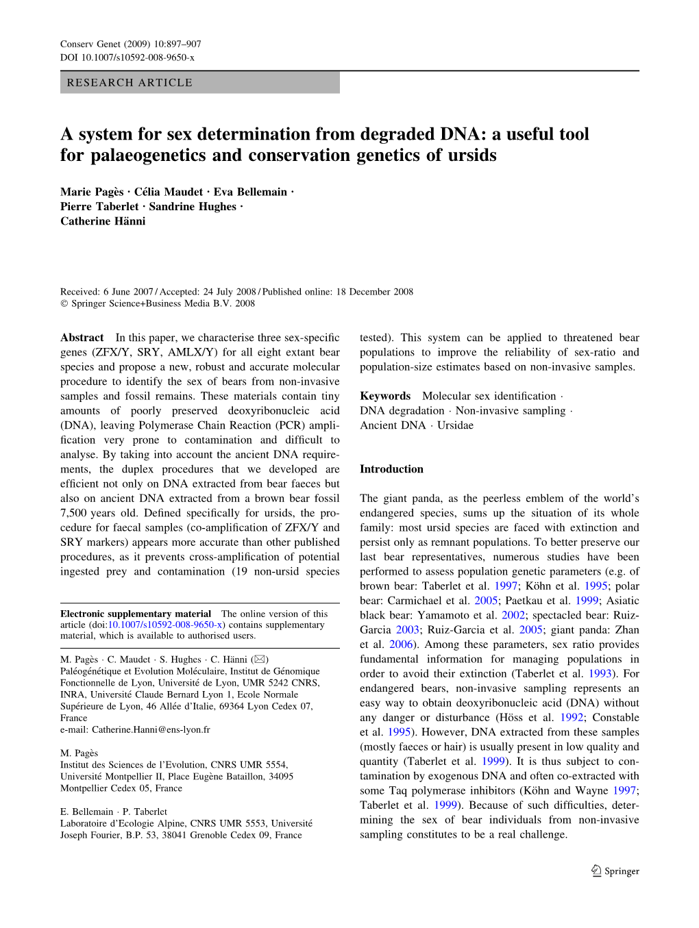 A System for Sex Determination from Degraded DNA: a Useful Tool for Palaeogenetics and Conservation Genetics of Ursids