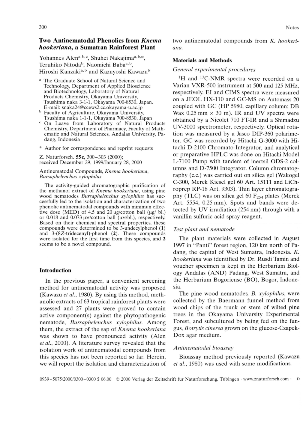 Two Antinematodal Phenolics from Knema Hookeriana, a Sumatran Rainforest Plant