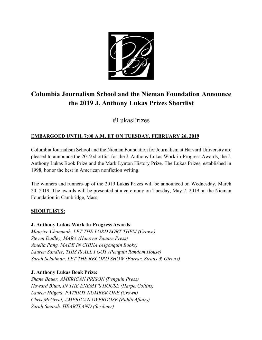 Columbia Journalism School and the Nieman Foundation Announce the 2019 J