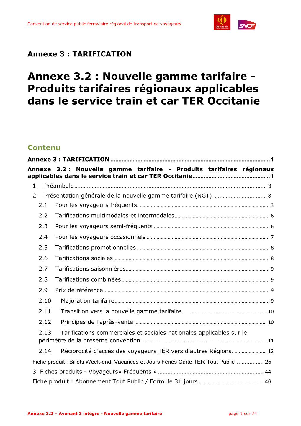 Annexe 3.2 : Nouvelle Gamme Tarifaire - Produits Tarifaires Régionaux Applicables Dans Le Service Train Et Car TER Occitanie