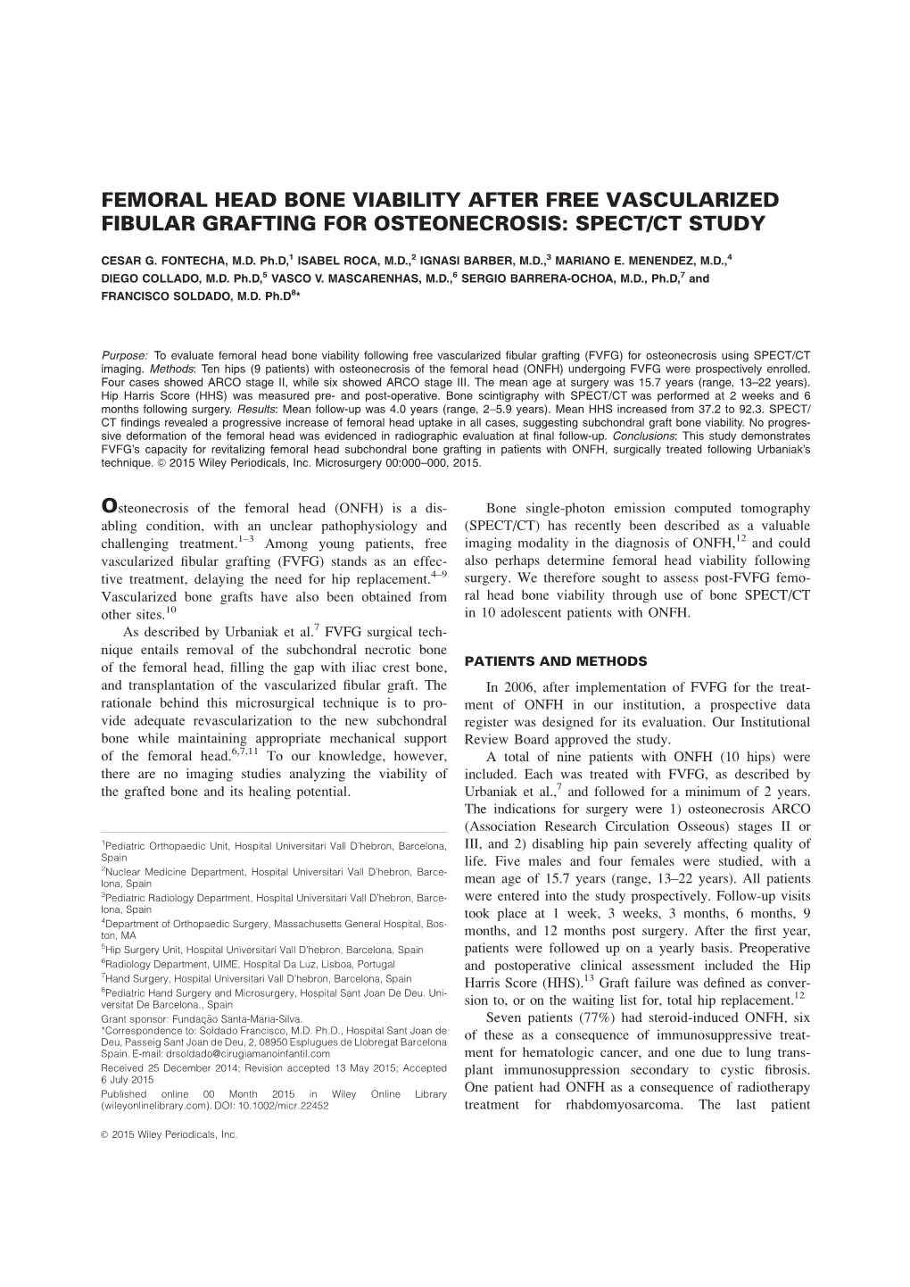 Femoral Head Bone Viability After Free Vascularized Fibular Grafting for Osteonecrosis: Spect/Ct Study