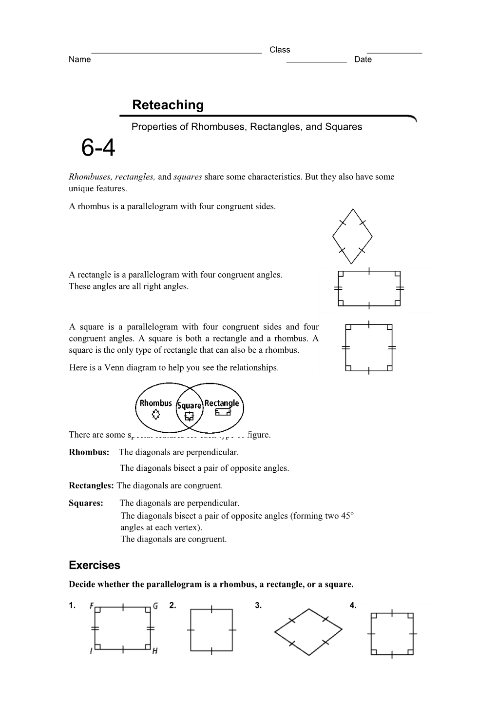 Properties of Rhombuses, Rectangles, and Squares