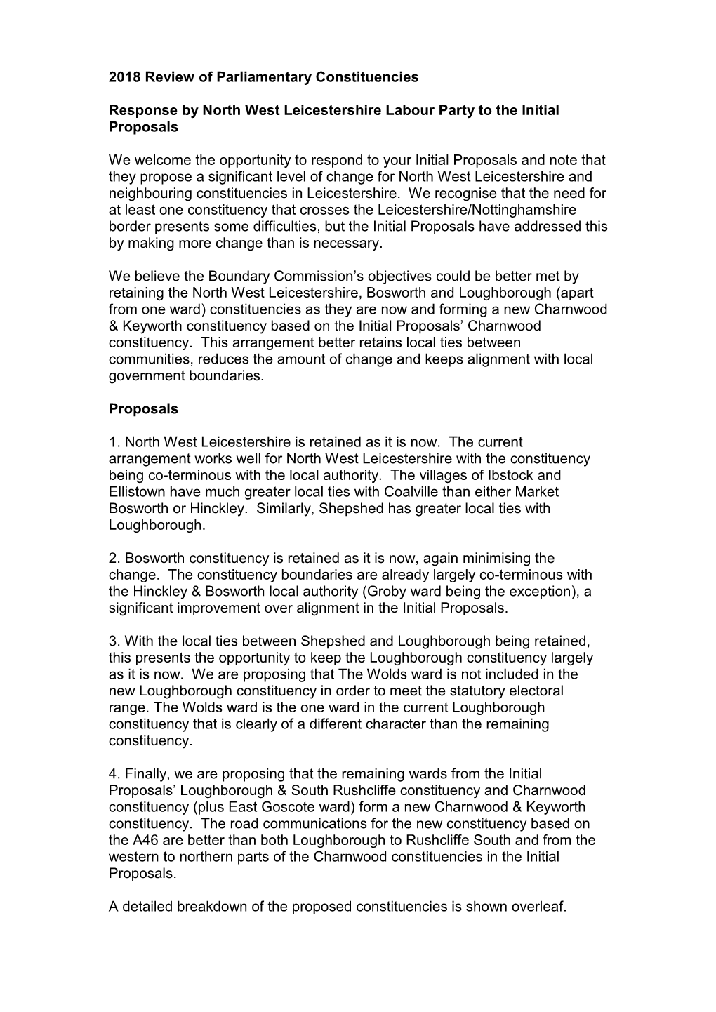 2018 Review of Parliamentary Constituencies Response by North