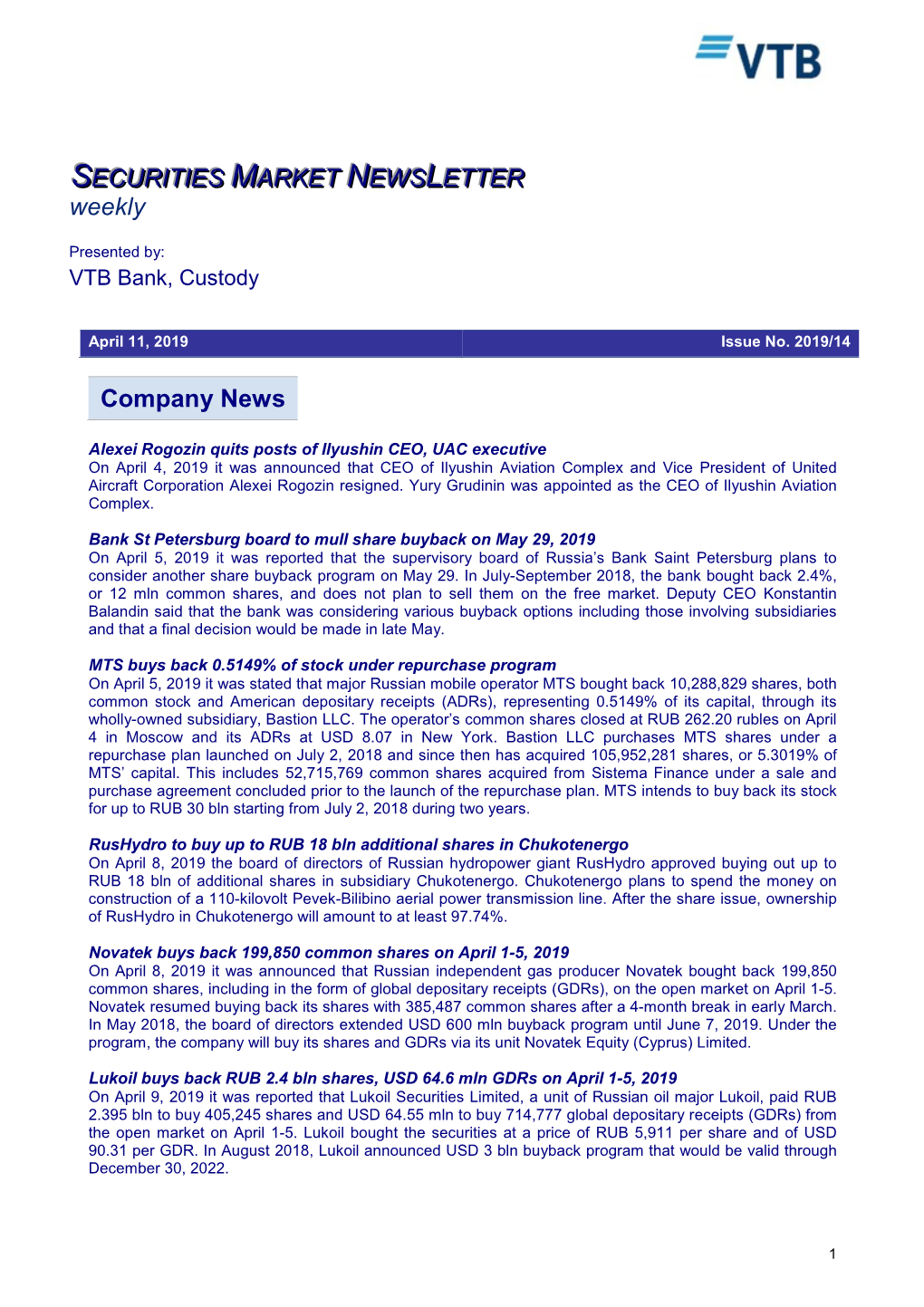 Company News SECURITIES MARKET NEWS