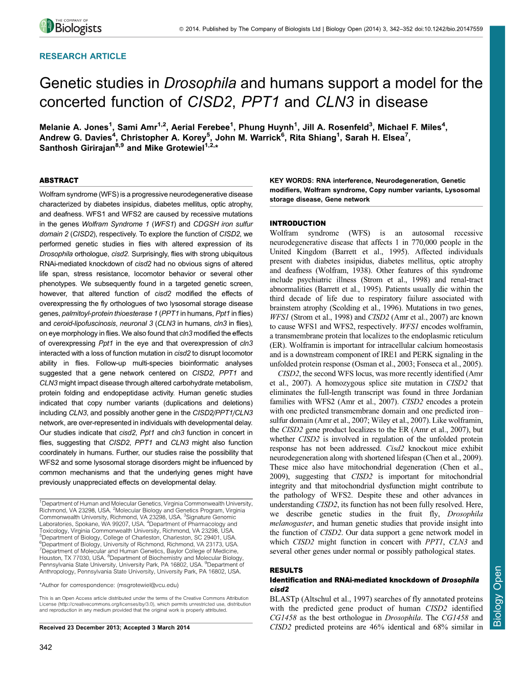 Genetic Studies in Drosophila and Humans Support a Model for the Concerted Function of CISD2, PPT1 and CLN3 in Disease