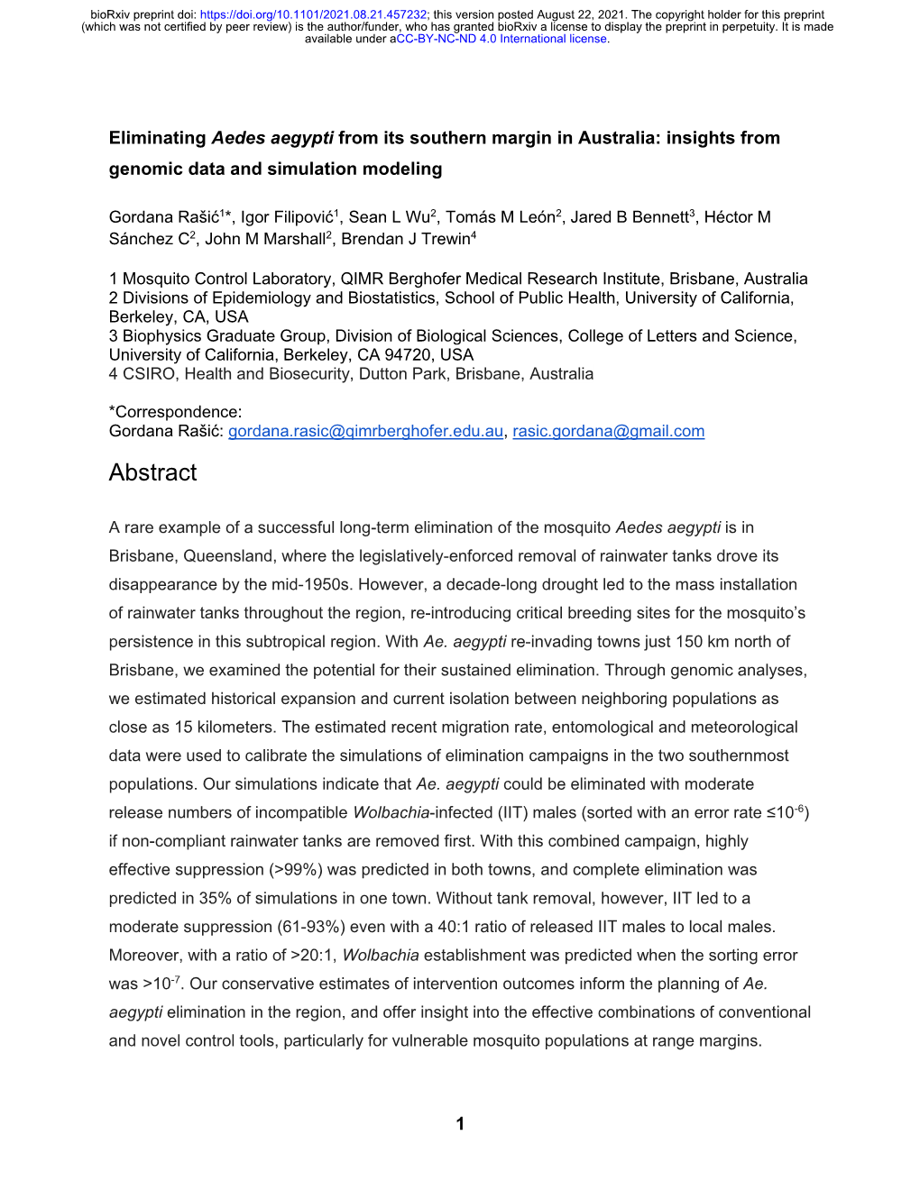 Eliminating Aedes Aegypti from Its Southern Margin in Australia: Insights from Genomic Data and Simulation Modeling