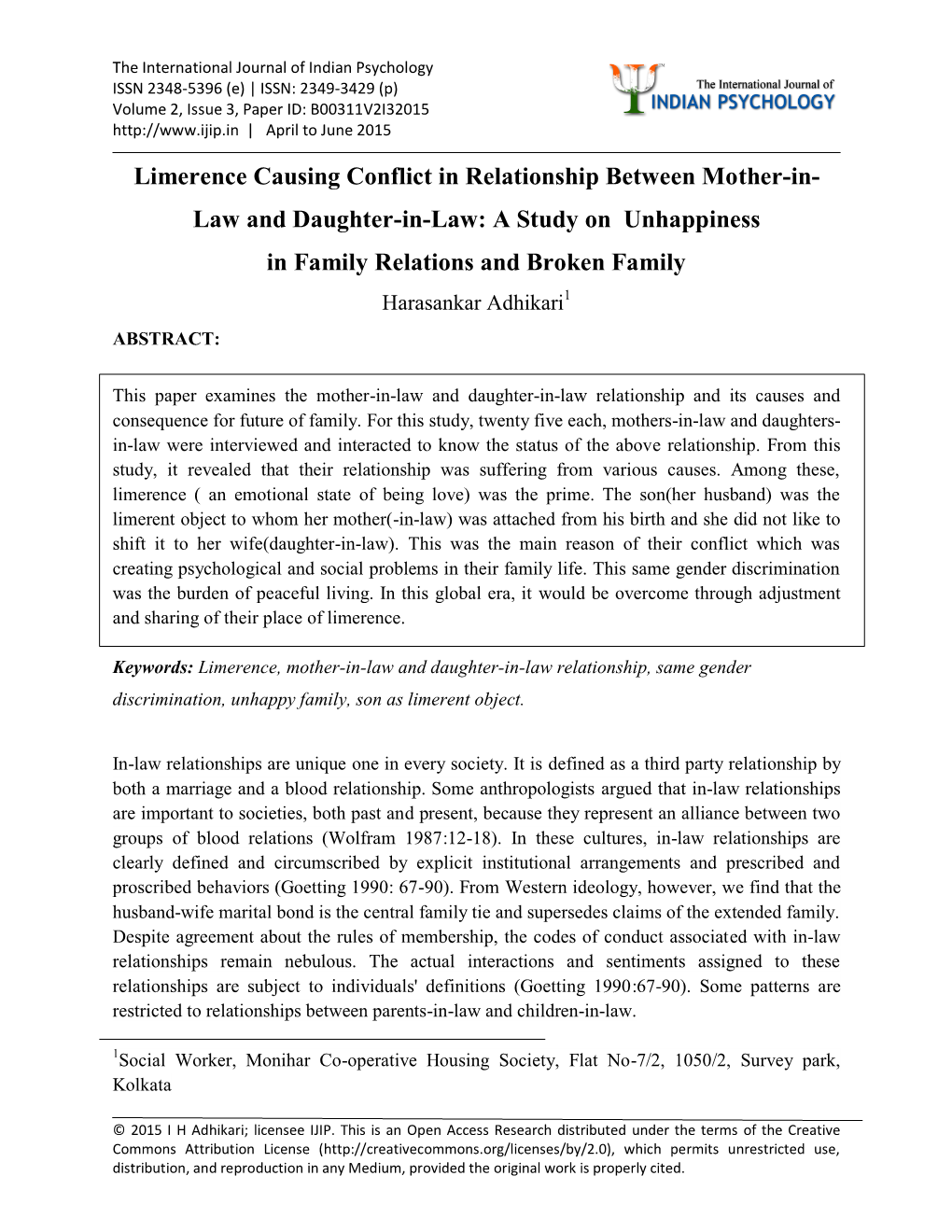 Limerence Causing Conflict in Relationship Between Mother-In- Law and Daughter-In-Law: a Study on Unhappiness in Family Relati