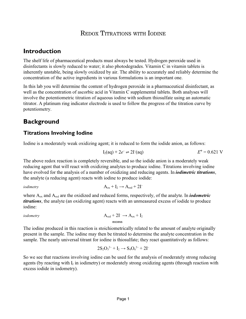 REDOX TITRATIONS with IODINE Introduction