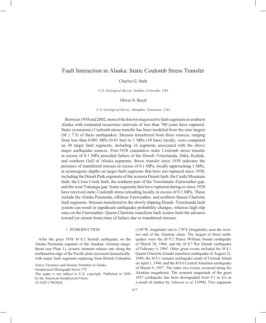 Fault Interaction in Alaska: Static Coulomb Stress Transfer