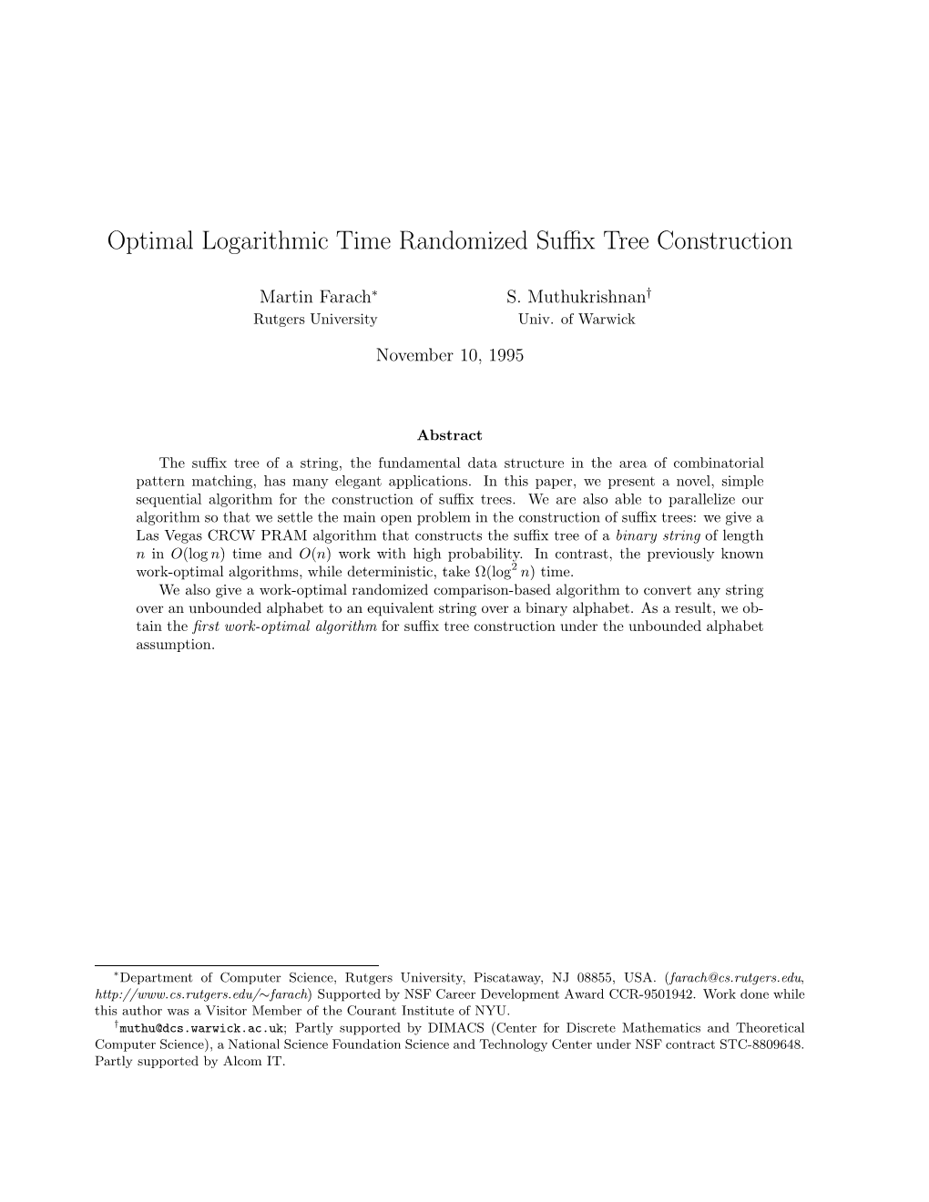 Optimal Logarithmic Time Randomized Suffix Tree Construction