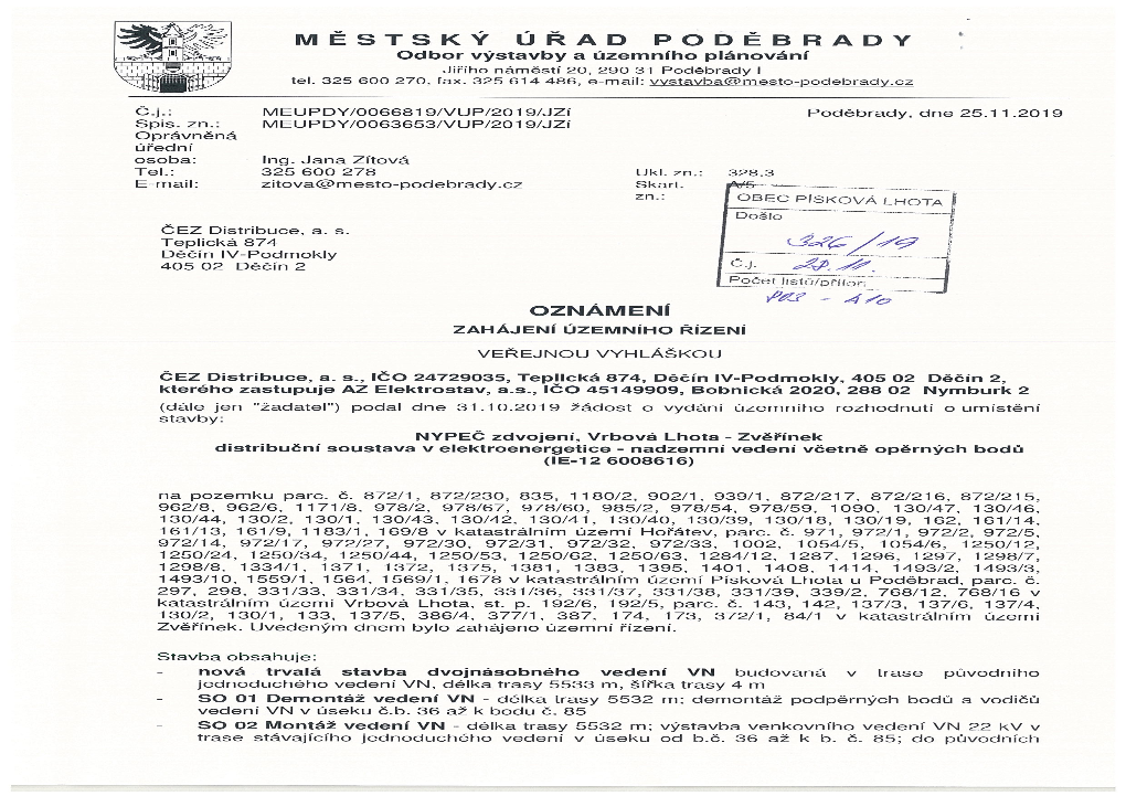 MĚSTSKÝ ÚŘAD PODĚBRADY Odbor Výstavby a Územního Plánování Jiřího Náměstí 20, 290 31 Poděbrady I Tel