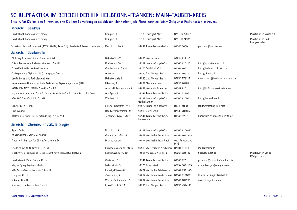 MAIN-TAUBER-KREIS Bitte Rufen Sie Bei Den Firmen An, Ehe Sie Ihre Bewerbungen Abschicken, Denn Nicht Jede Firma Kann Zu Jedem Zeitpunkt Praktikanten Betreuen