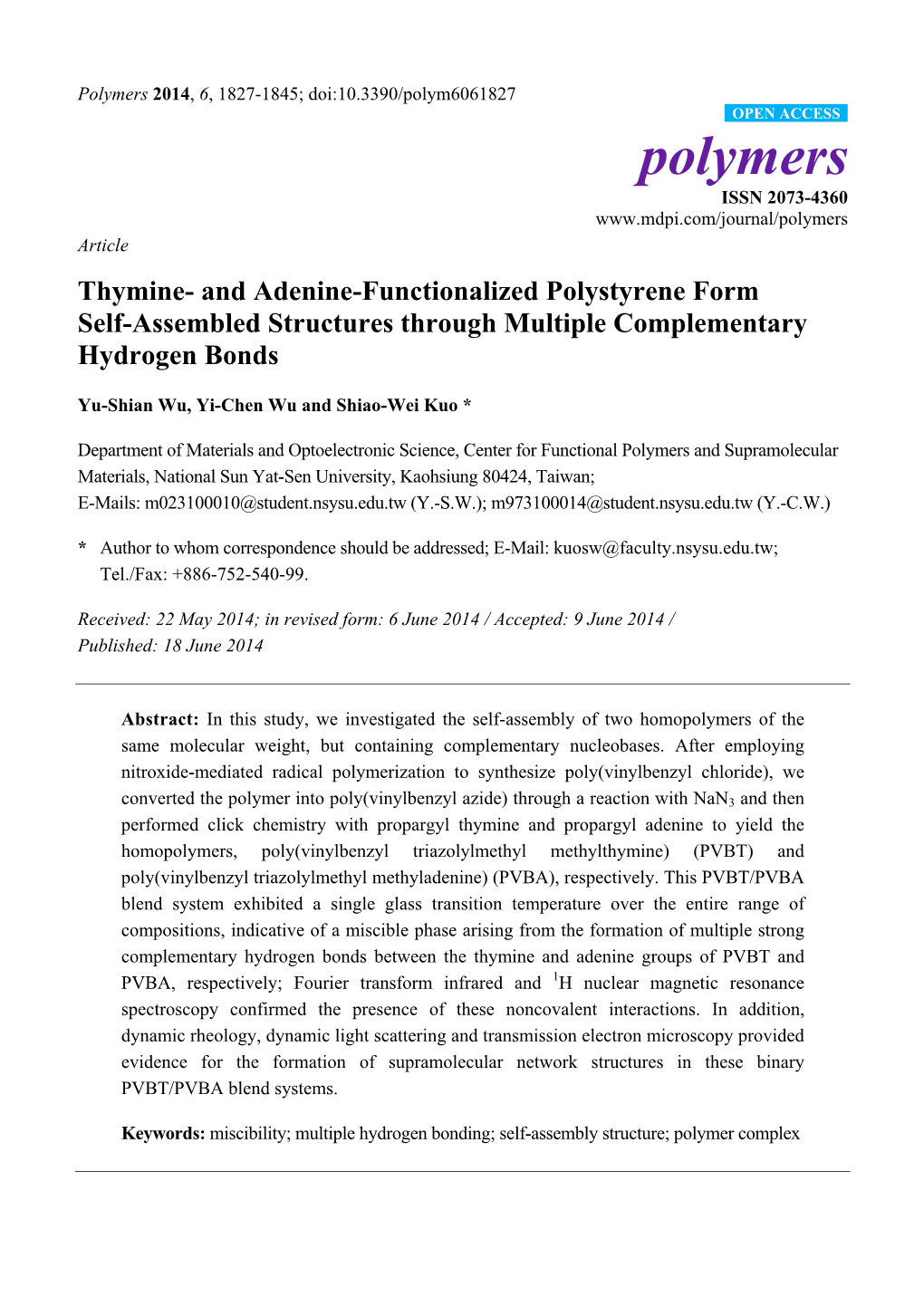 Thymine- and Adenine-Functionalized Polystyrene Form Self-Assembled Structures Through Multiple Complementary Hydrogen Bonds